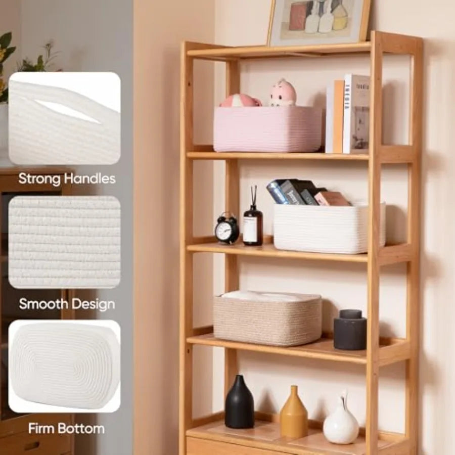 4 Pack Bamboo Woven Rope Storage Baskets for Shelves