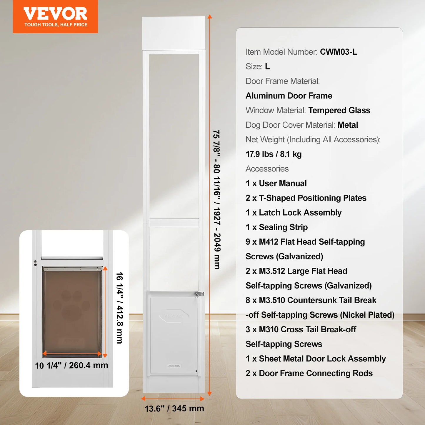 Dog Door for Sliding Glass Door Aluminum Frame Tempered Glass