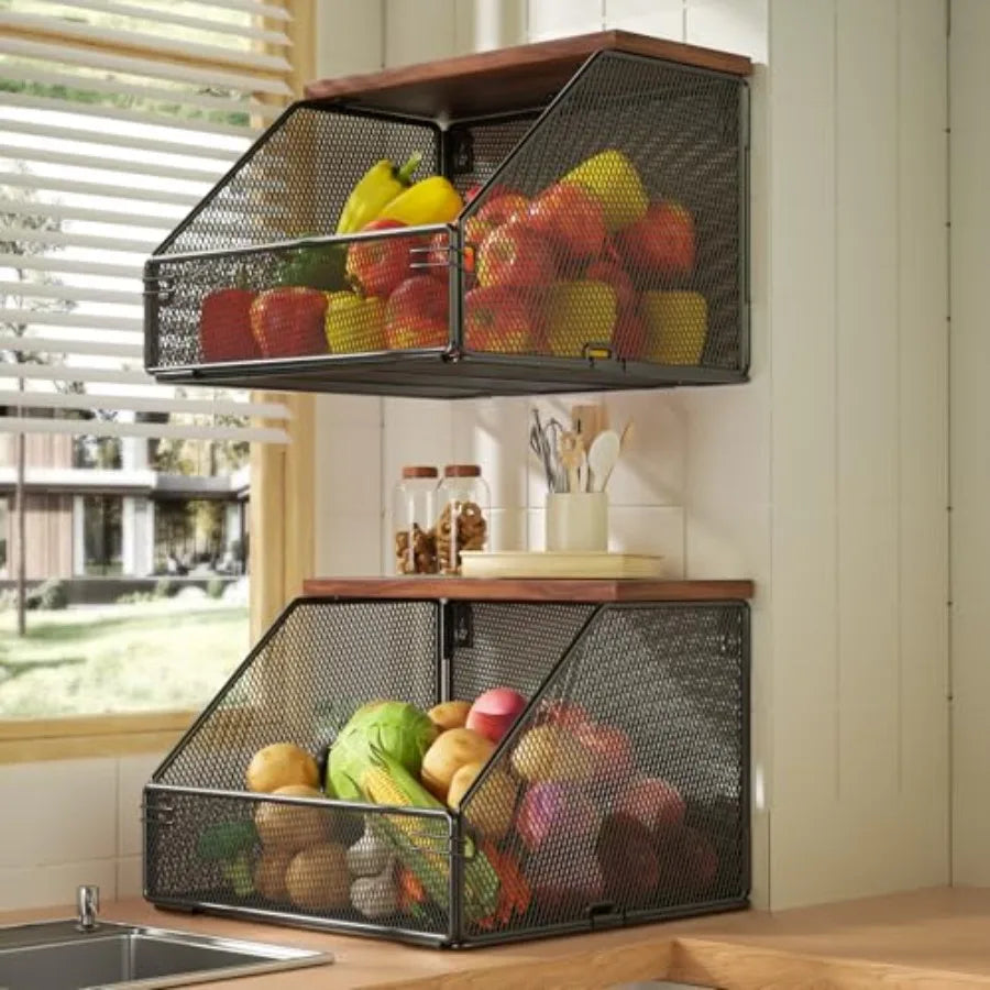 Stackable Fruit Basket With Wood Lid For Kitchen Countertop Storage