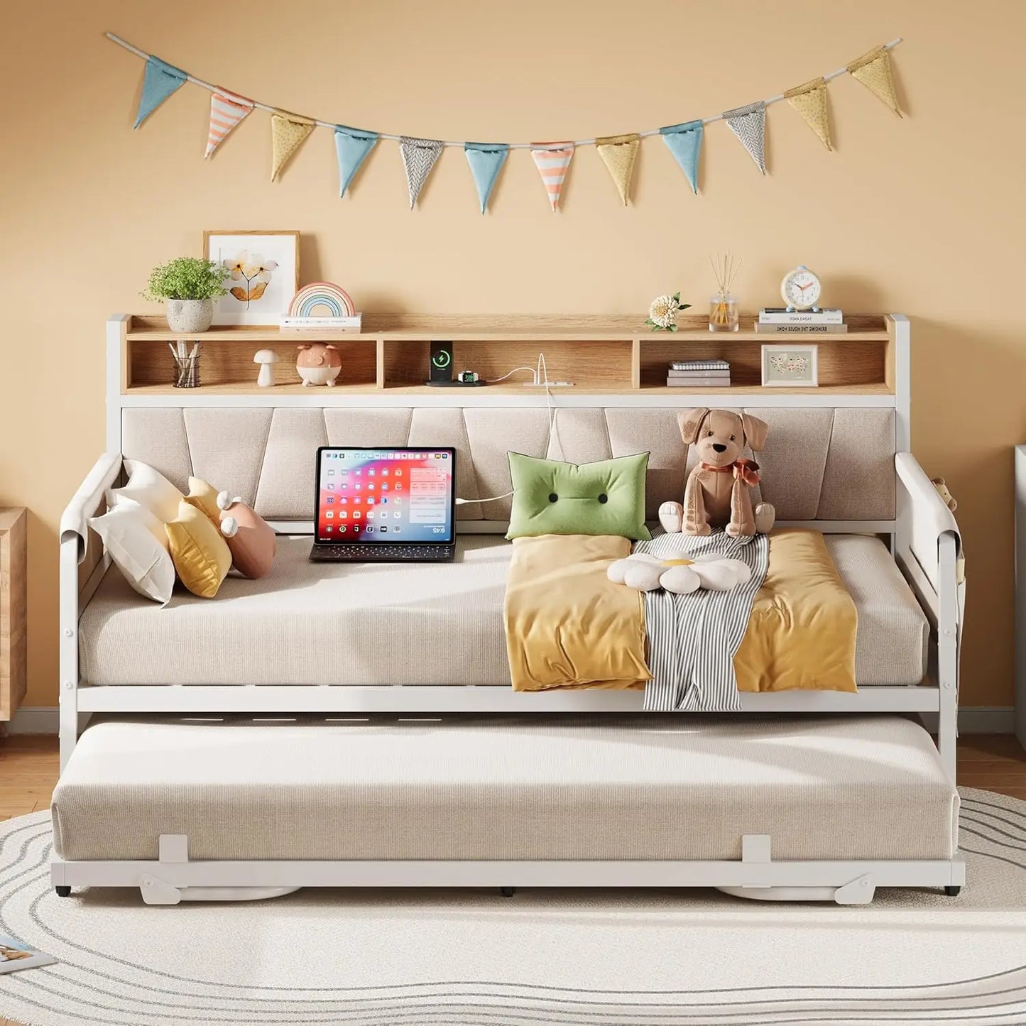LIKIMIO Daybed With Trundle Upholstered Storage Headboard And Charging Station