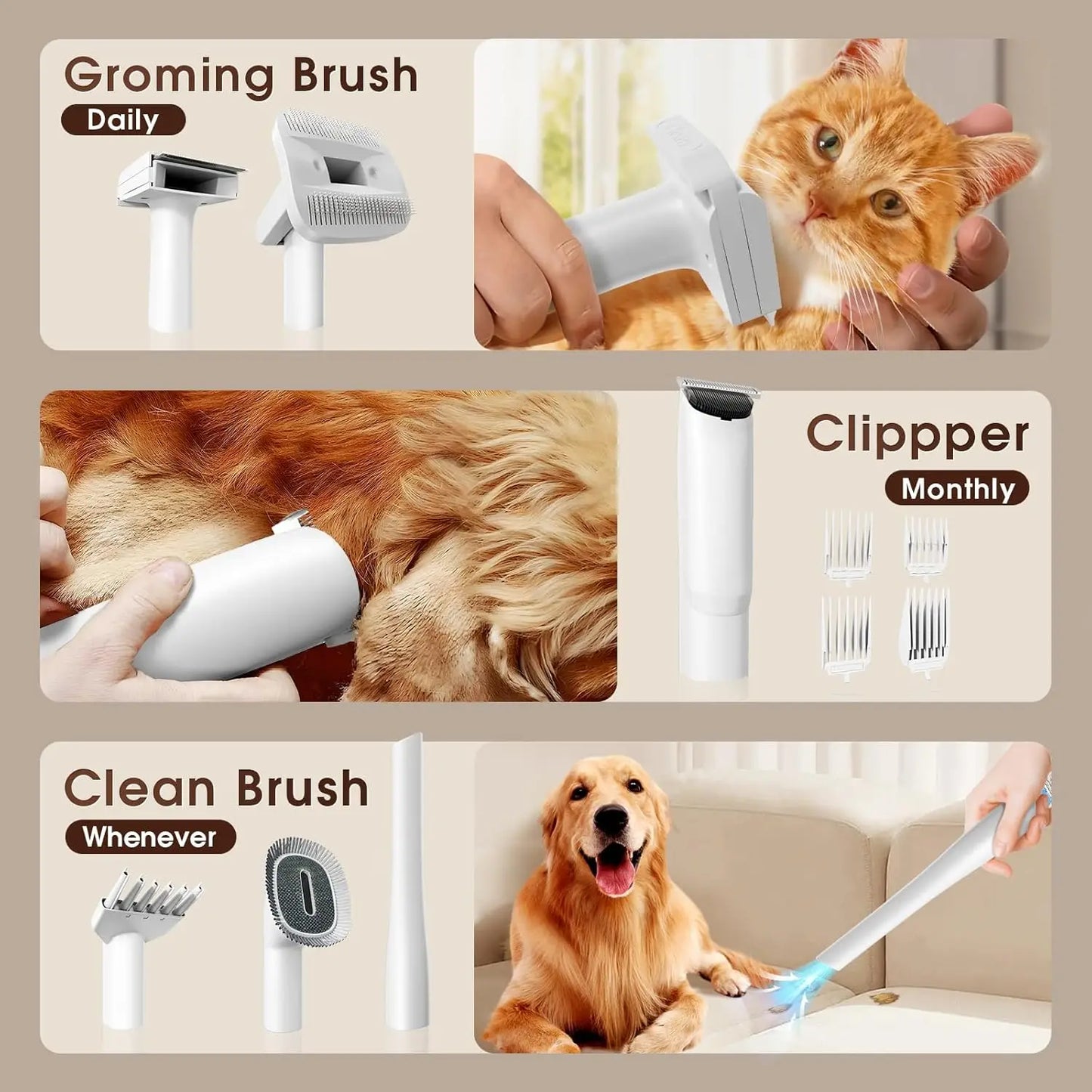 Pet Grooming Vacuum Kit Low Noise With 6 Tools For Dogs And Cats