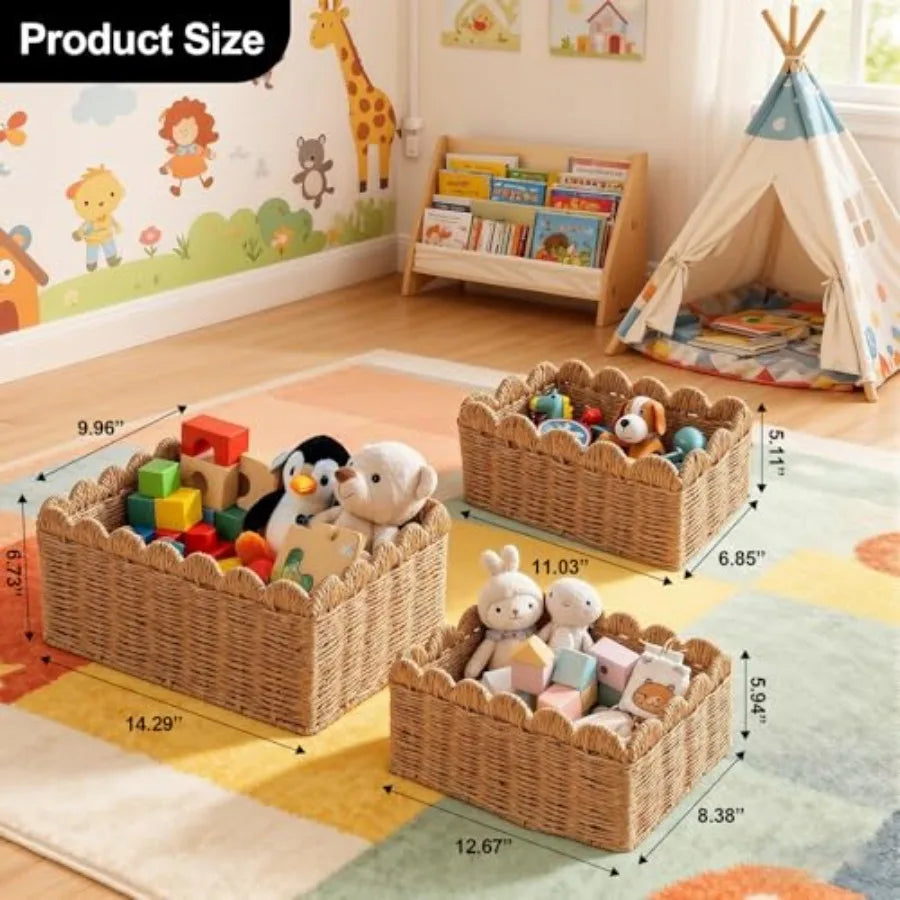 Wicker Baskets for Organizing Scalloped Handwoven Storage Cubes