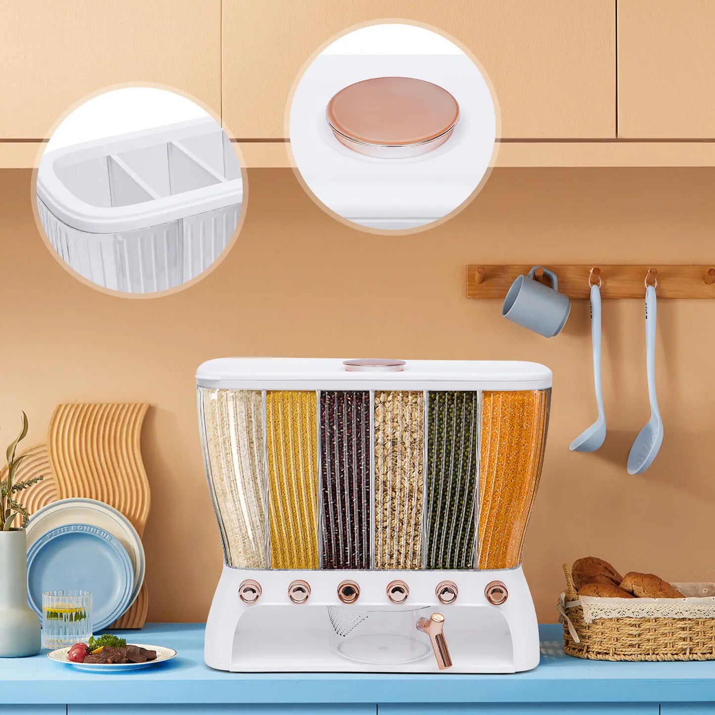 Six Grid Wall Mounted Dry Food Dispenser for Beans Cereals with Measuring Cup