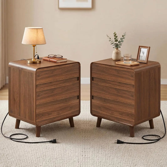 3 Drawer Nightstands Set Of 2 With Charger Station