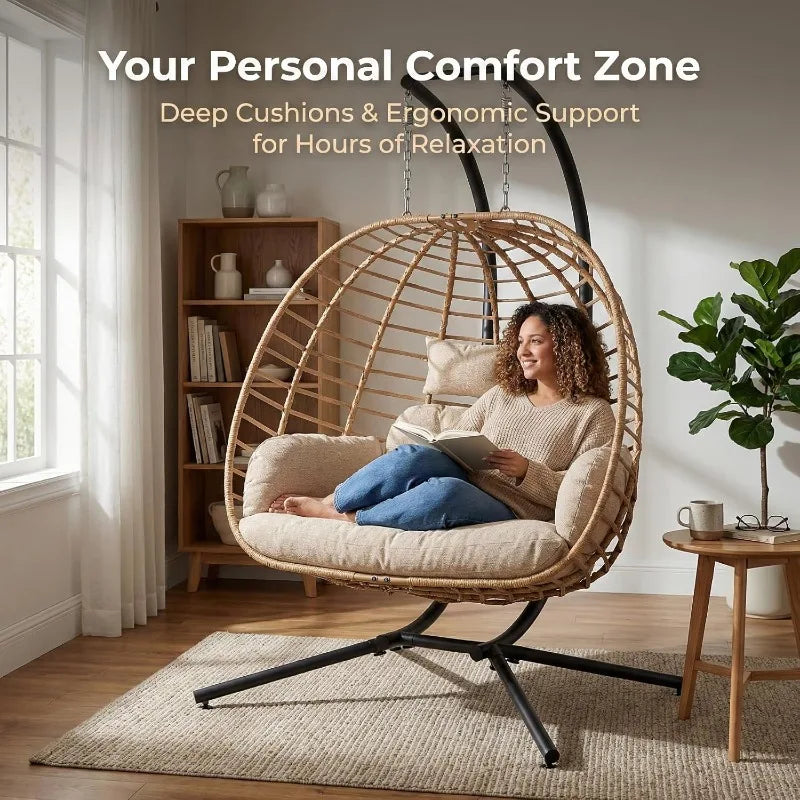 Double Hanging Egg Chair With Stand 2 Person Wicker Swing