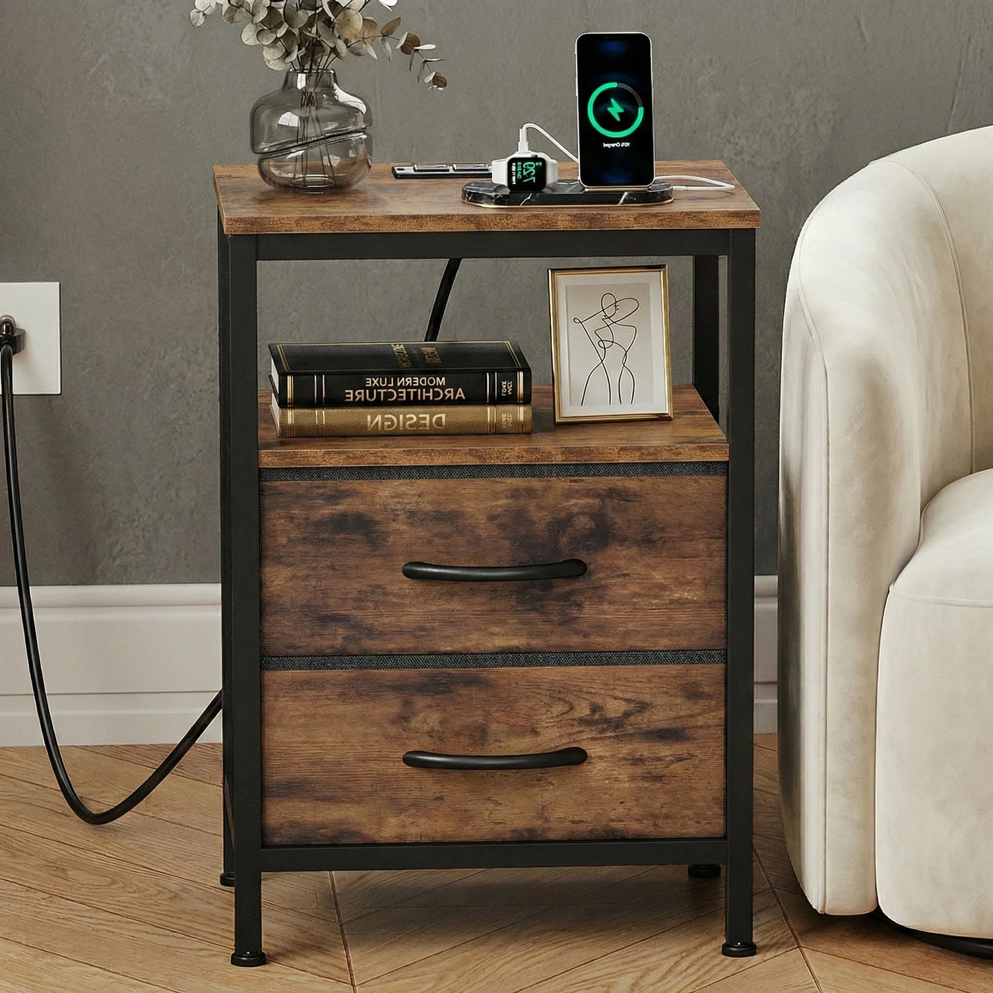 JHK Fabric Drawers Nightstands Pair With USB Ports Charging Station