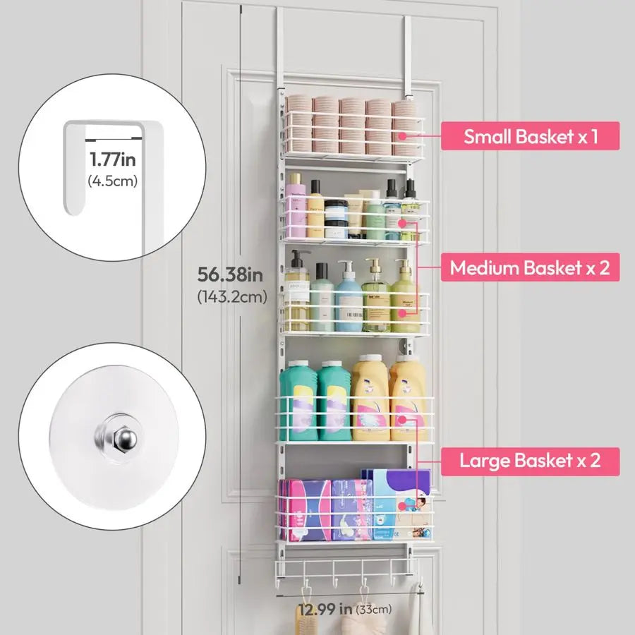 Over The Door Organizer With 5 Baskets And 6 Hooks