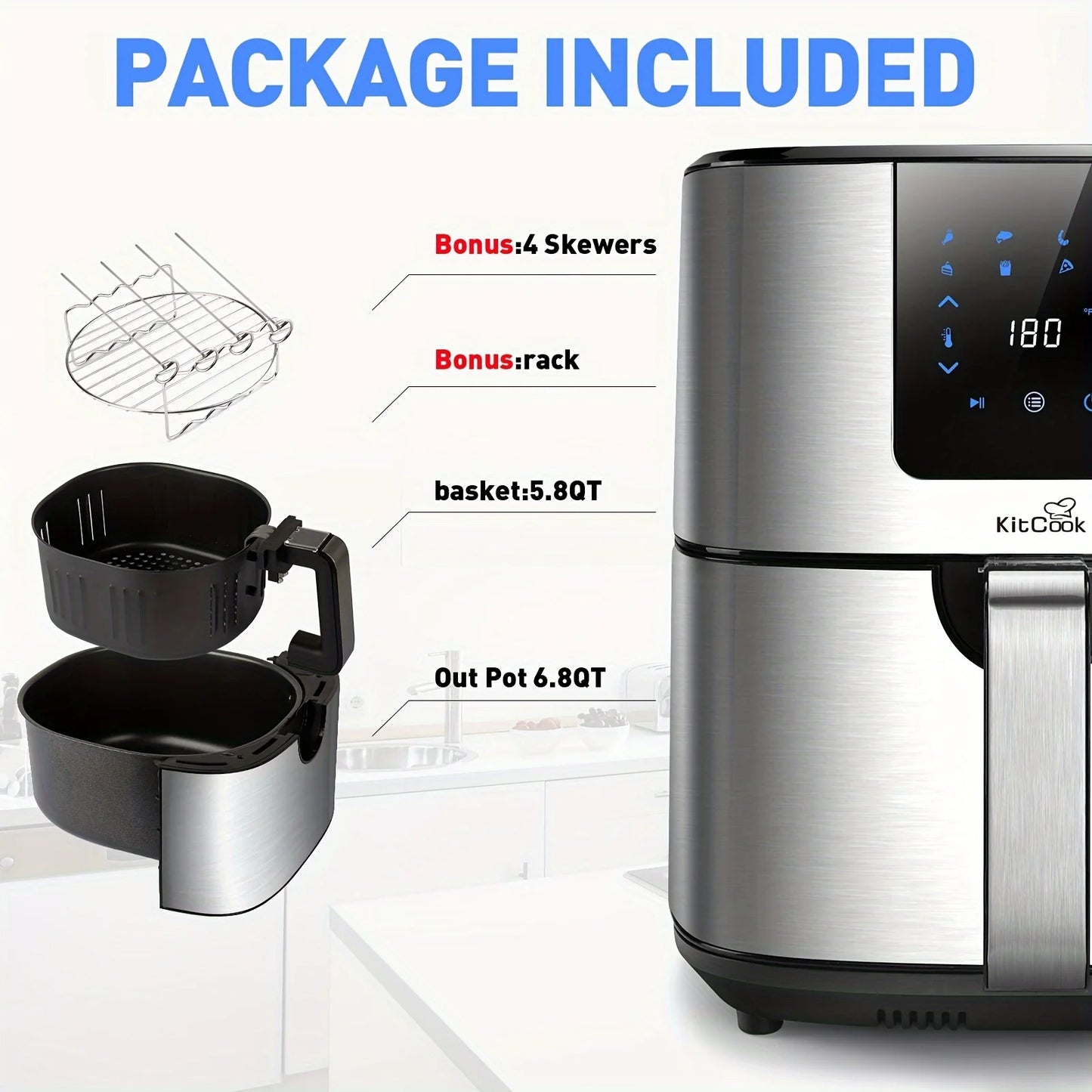 KitCook 1500W Air Fryer UL Certified 6.8QT Stainless Steel