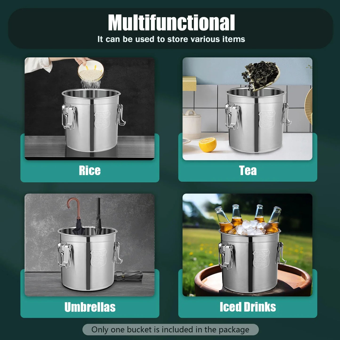 304 Stainless Steel Airtight Canister With Locking Clamp For Rice Flour Grain