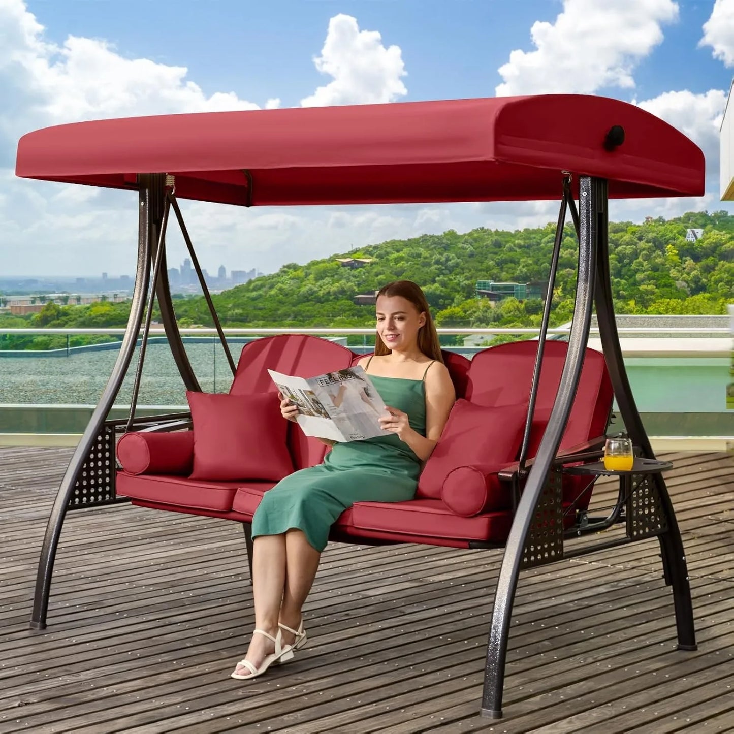 Three Seat Outdoor Patio Swing With Adjustable Canopy Cushions Cup Holders