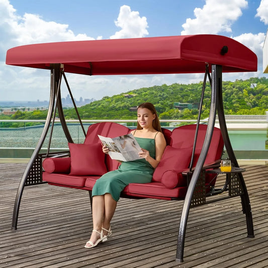Three Seat Outdoor Patio Swing With Adjustable Canopy Cushions Cup Holders