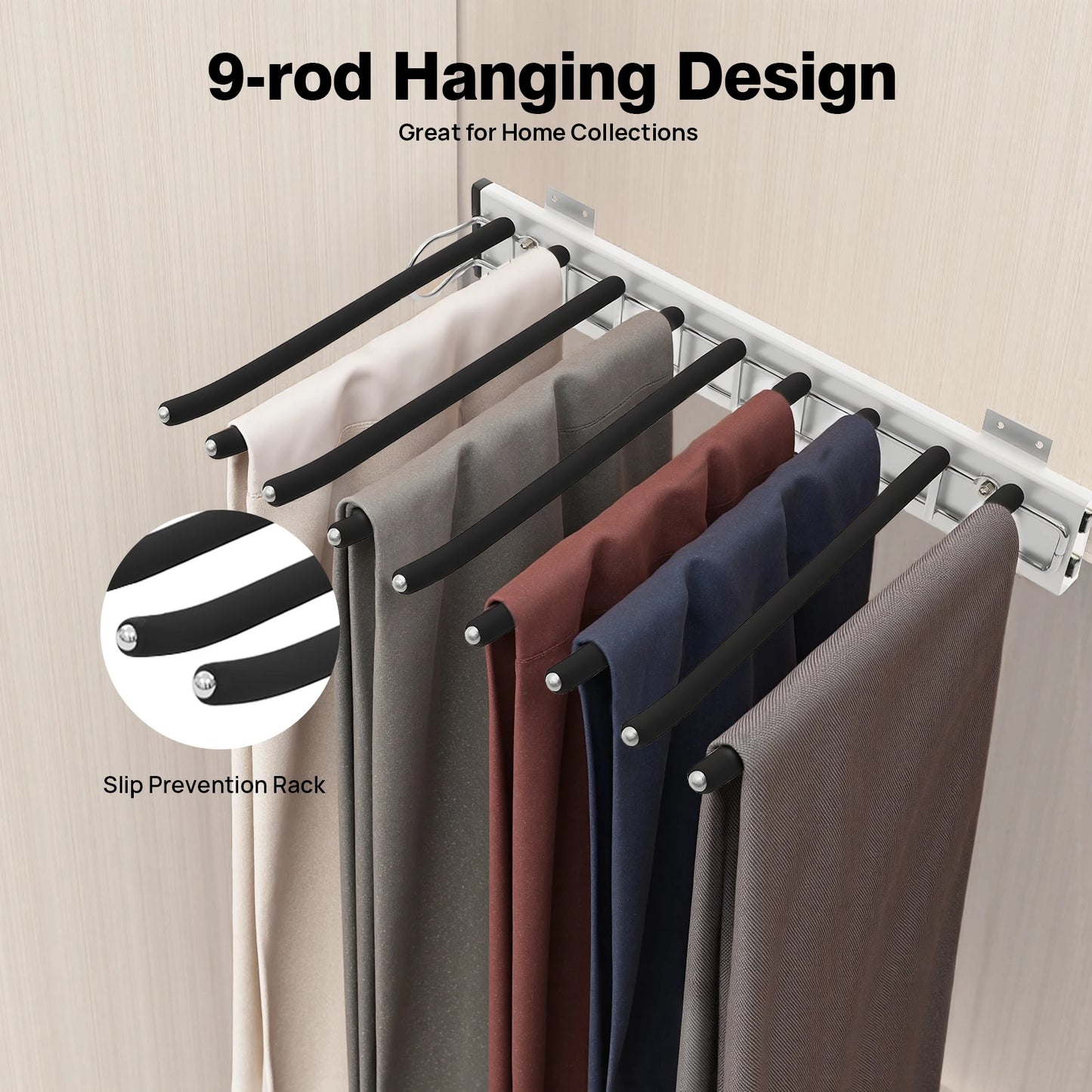 Bymaocar Pull Out Trousers Rack 9 Rods Retractable Wardrobe Wall Mount