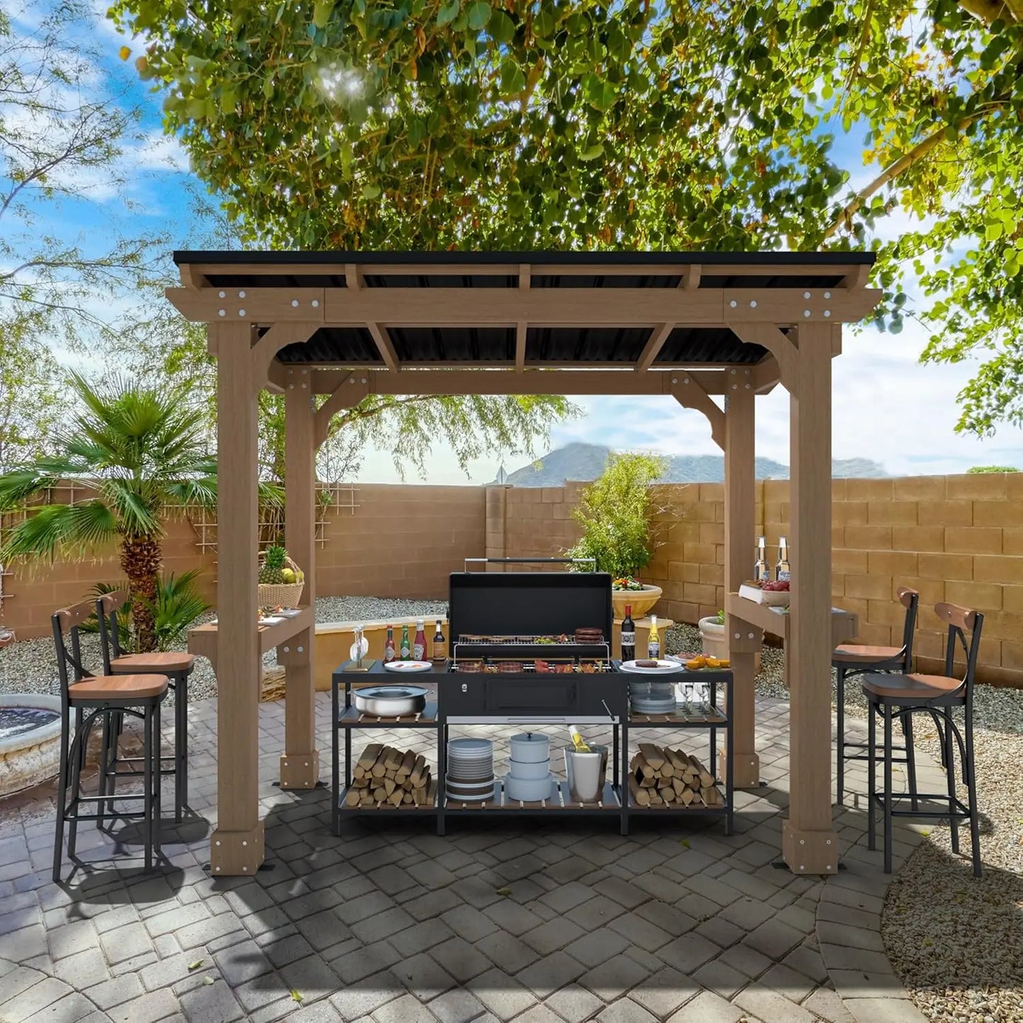 Wooden Grill Gazebo With Sloped Metal Roof Cedar Frame