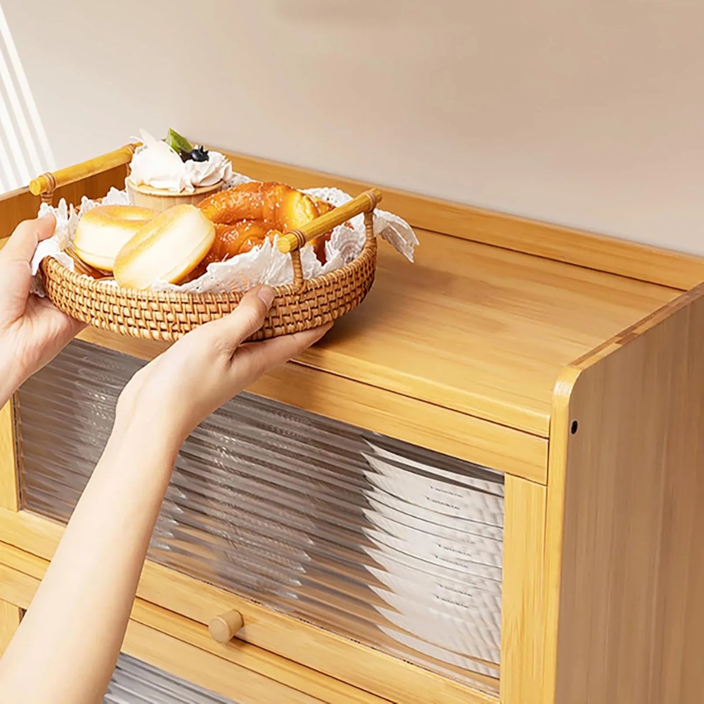 Two Tier Bamboo Kitchen Storage Cabinet With Clear Sliding Doors