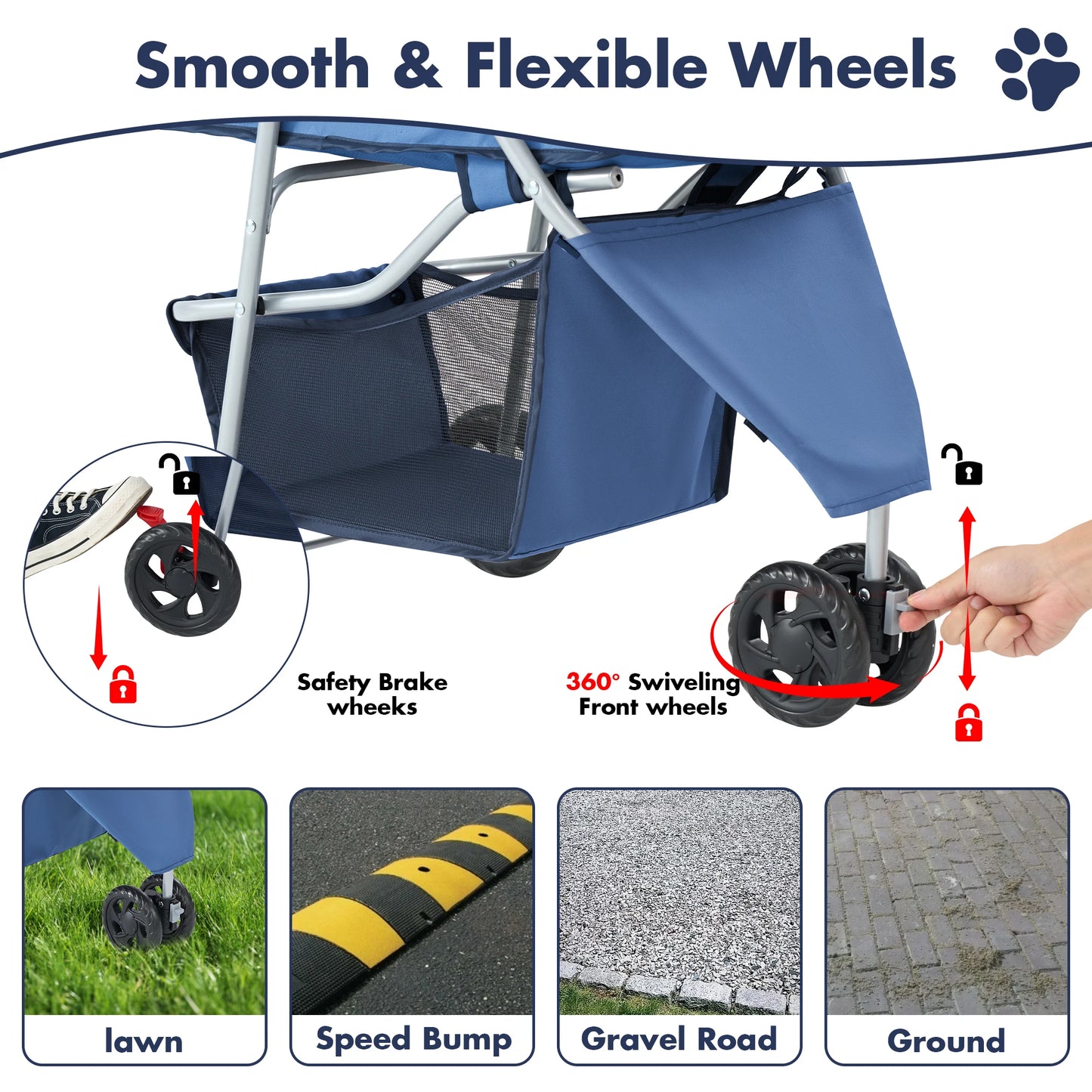 JHK 3-Wheel Foldable Pet Stroller Mesh Windows And Cup Holder