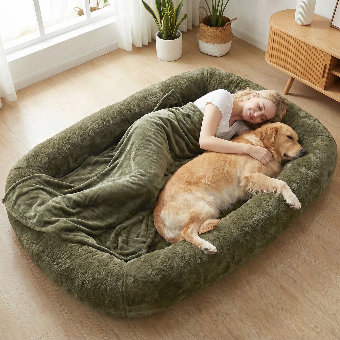 Plush Faux Fur Dog Bed With Washable Cover And Soft Blanket