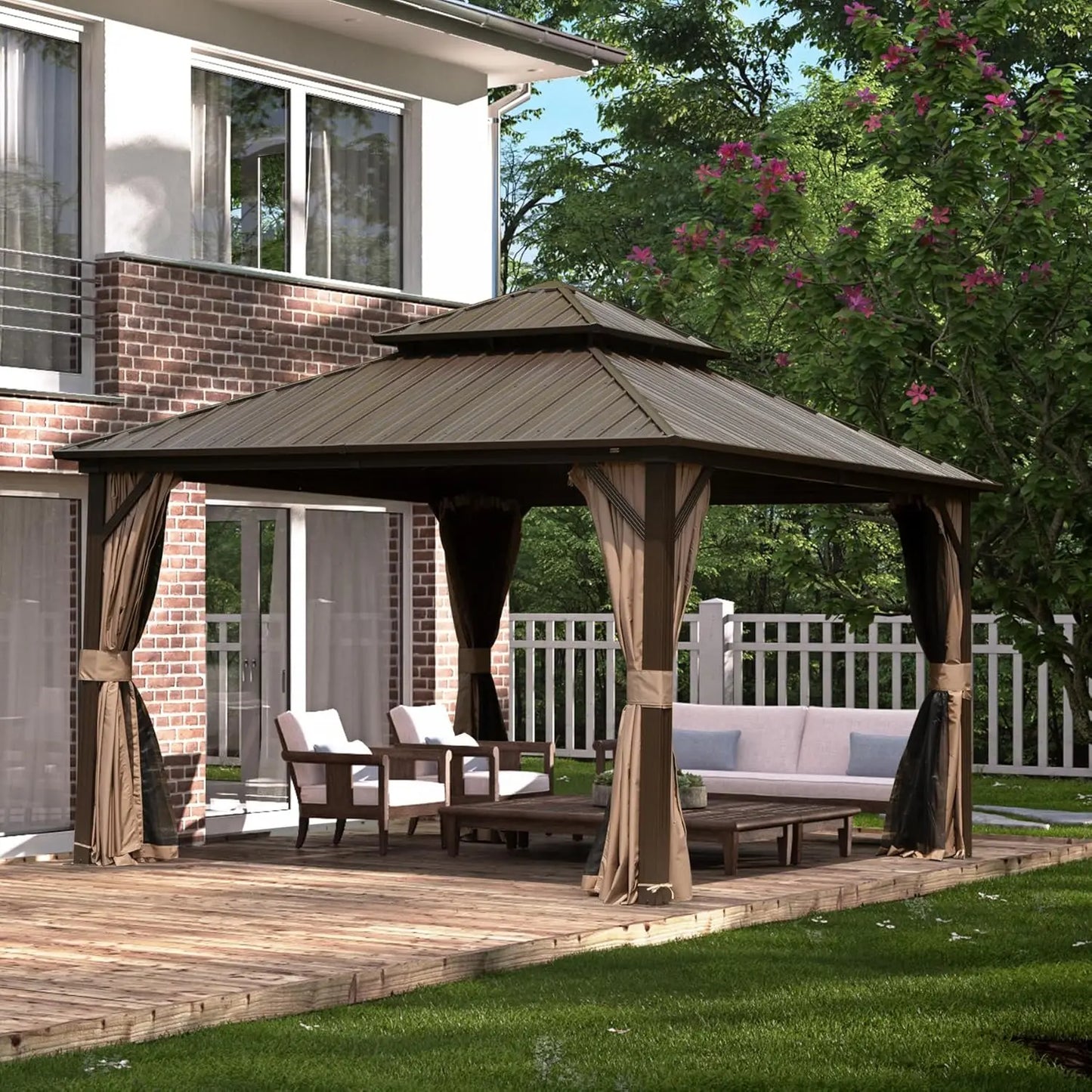 Hardtop Permanent Metal Gazebo With Galvanized Double Roof Curtains