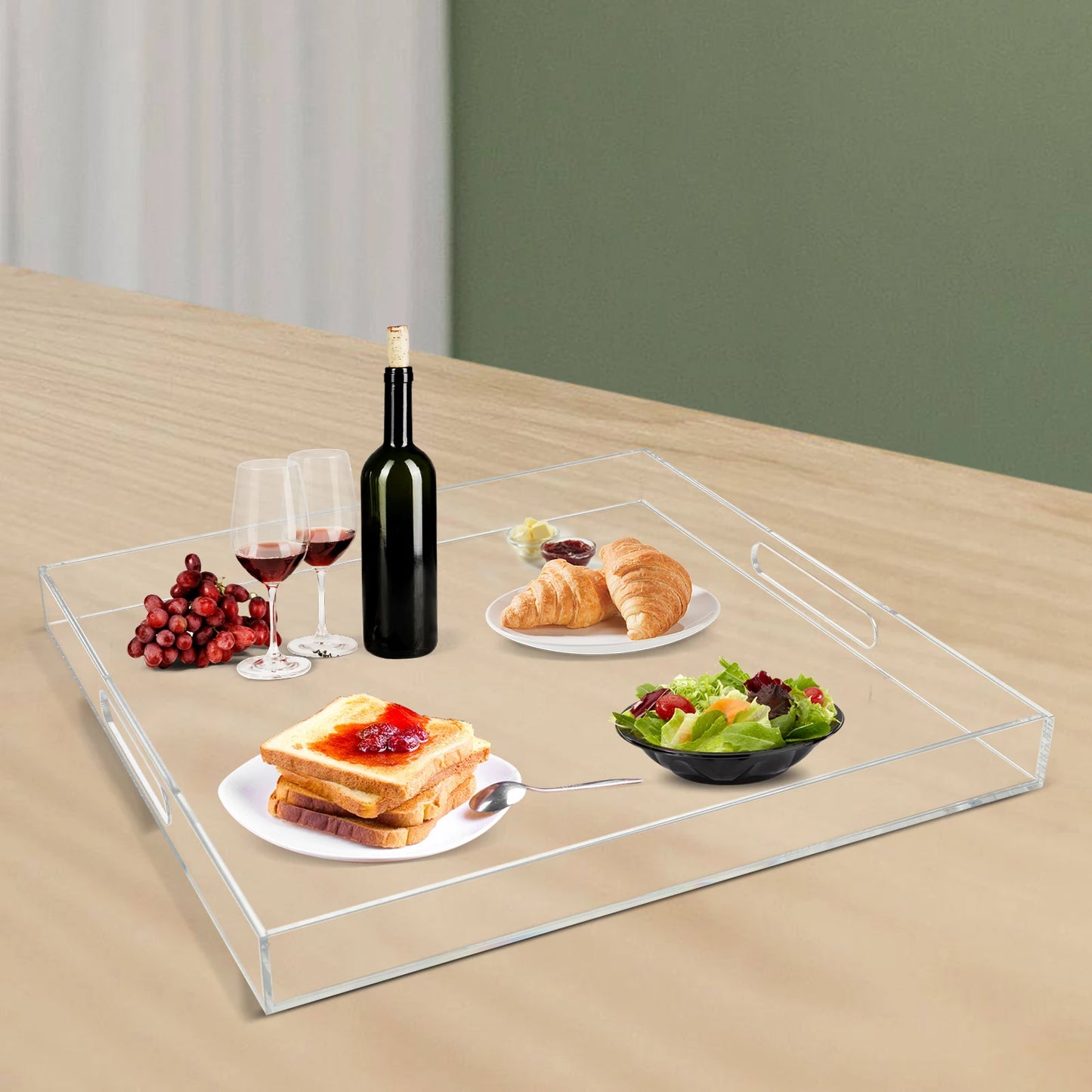 Transparent Acrylic Square Serving Tray With Handles For Dining Table