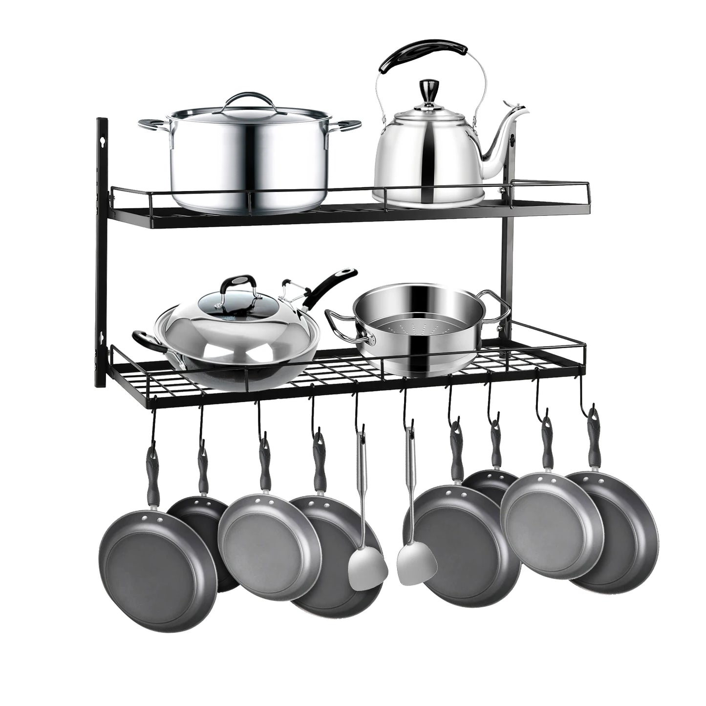 2-Tier Hanging Pot Rack Wall Mount With 10 Hooks Organizer