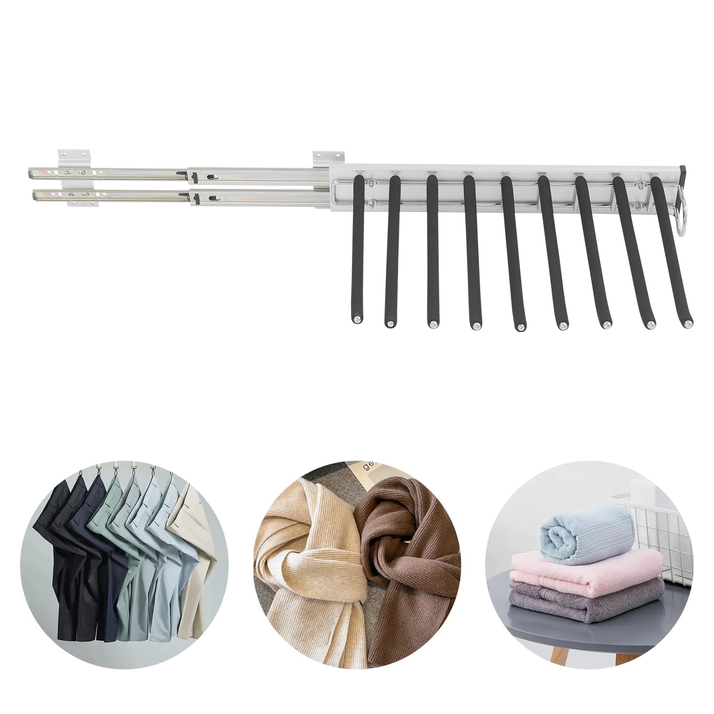 Bymaocar Pull Out Trousers Rack 9 Rods Retractable Wardrobe Wall Mount