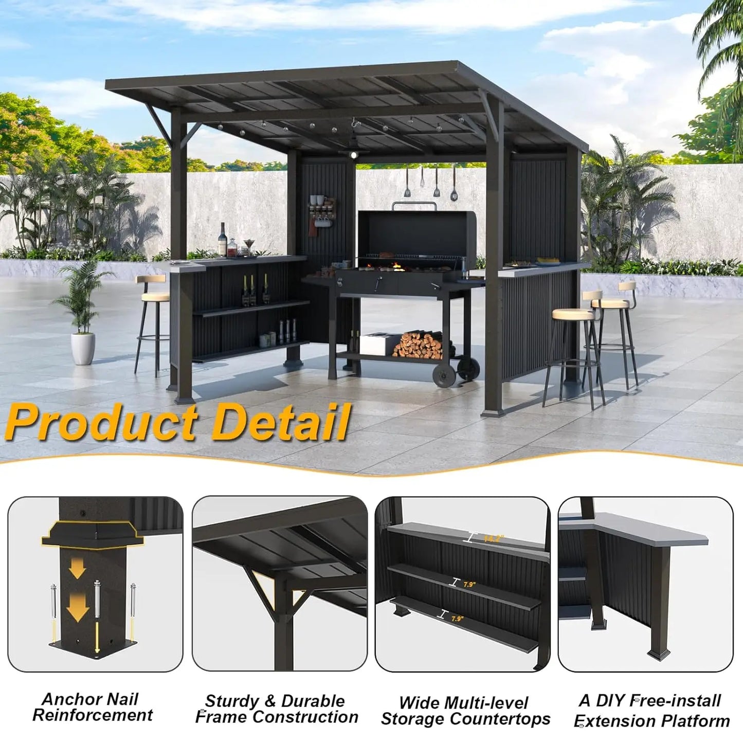 Hardtop Grill Gazebo With Storage Shelves And Expansion Platform