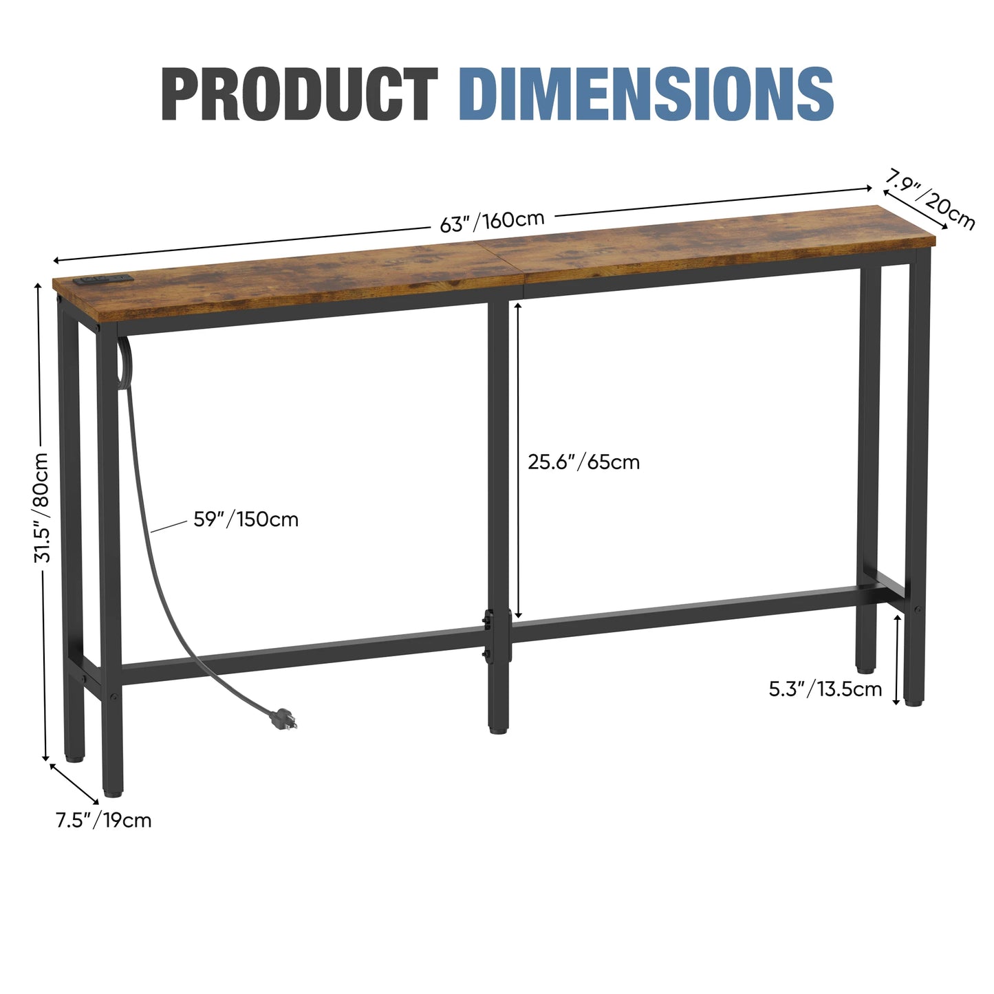 JHK Sofa Table With Charging Station And Bedside Desk
