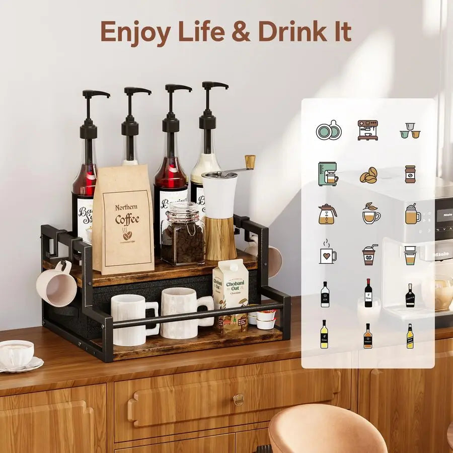 XMSJ Syrup Organizer Rack 2 Tier Coffee Bar Accessories Bottle Holder Drawer