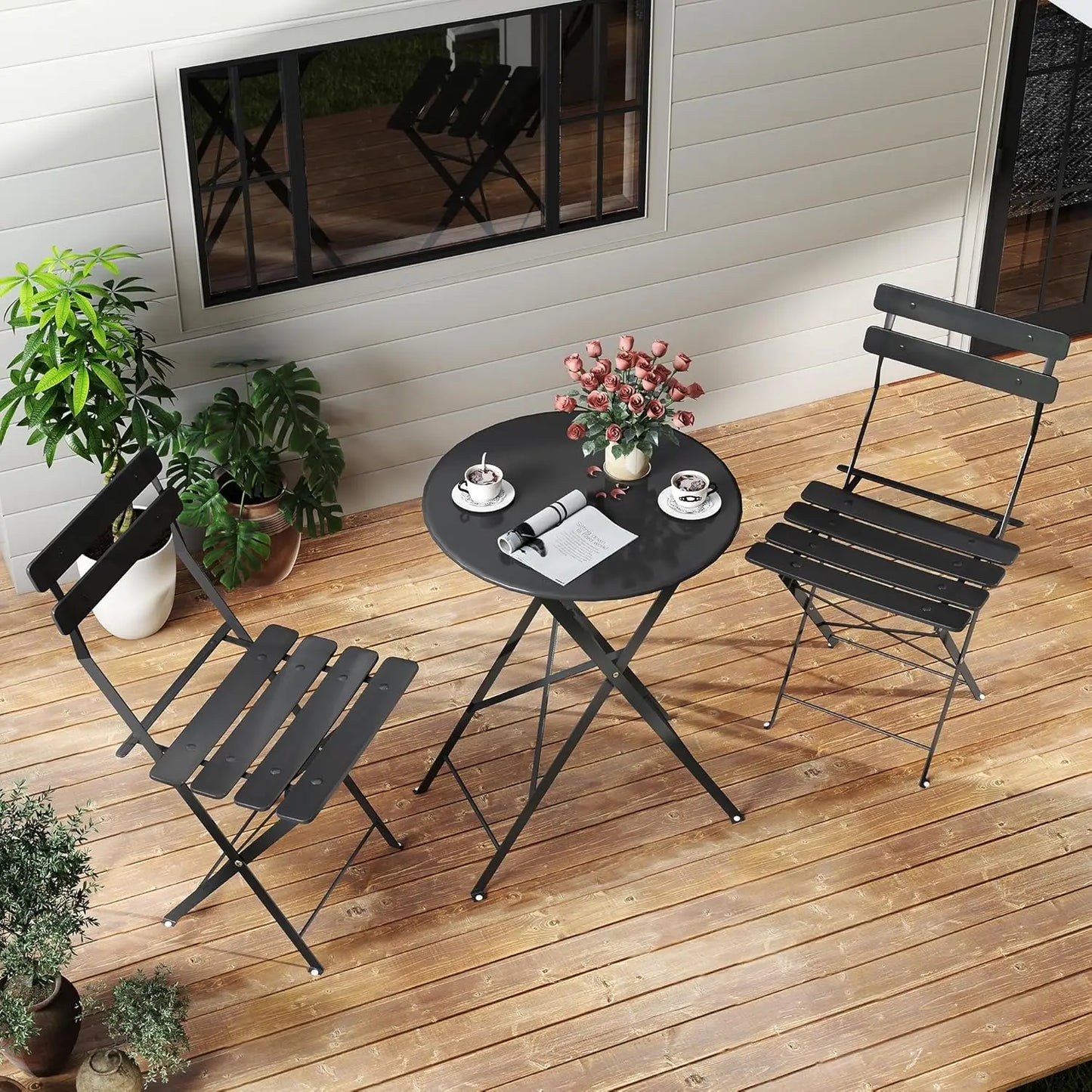 Foldable Patio Bistro Set With Space Saving Table And Chairs