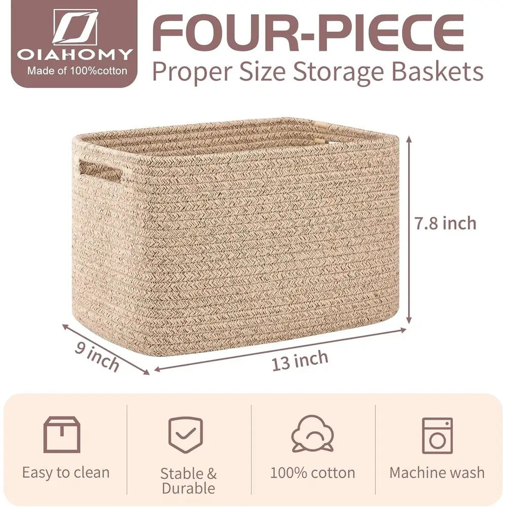4 Pack Cotton Rope Storage Baskets With Handles For Shelves