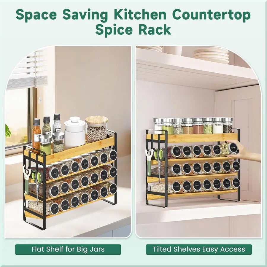 Bamboo Spice Rack Organizer For Kitchen Countertop 4 Tier With Hooks