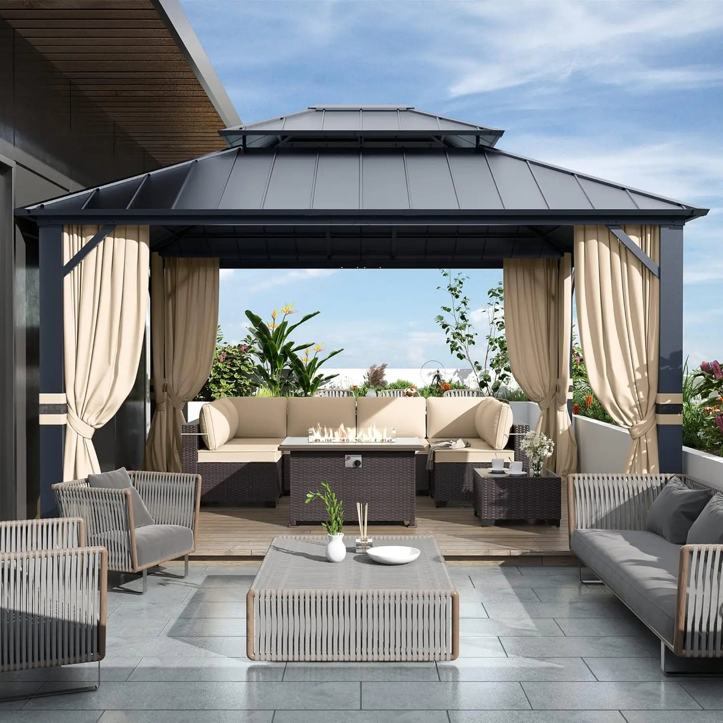 Hardtop Gazebo Steel Frame With Curtains And Netting For Patio