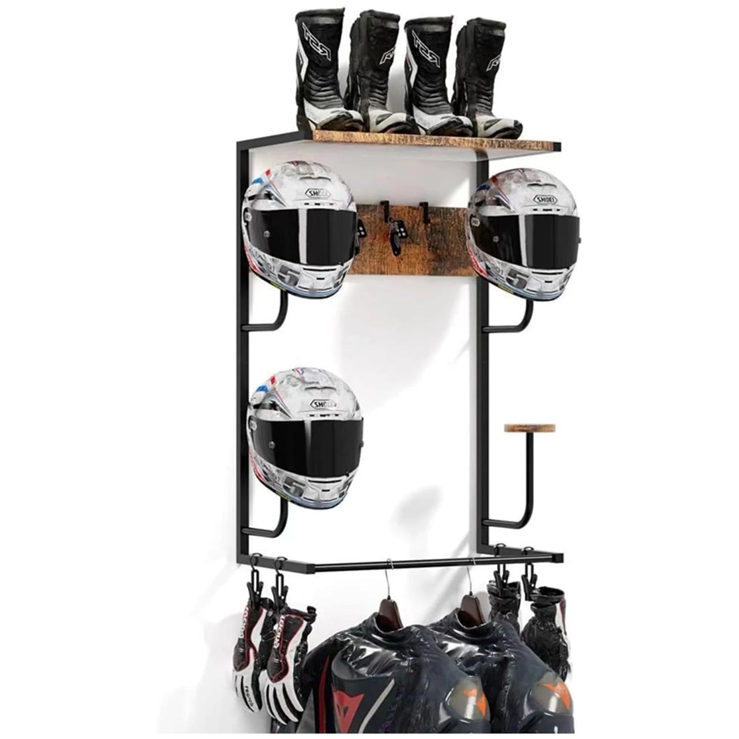 Motorcycle Helmet Wall Mount Rack With Hooks And Gloves Clips