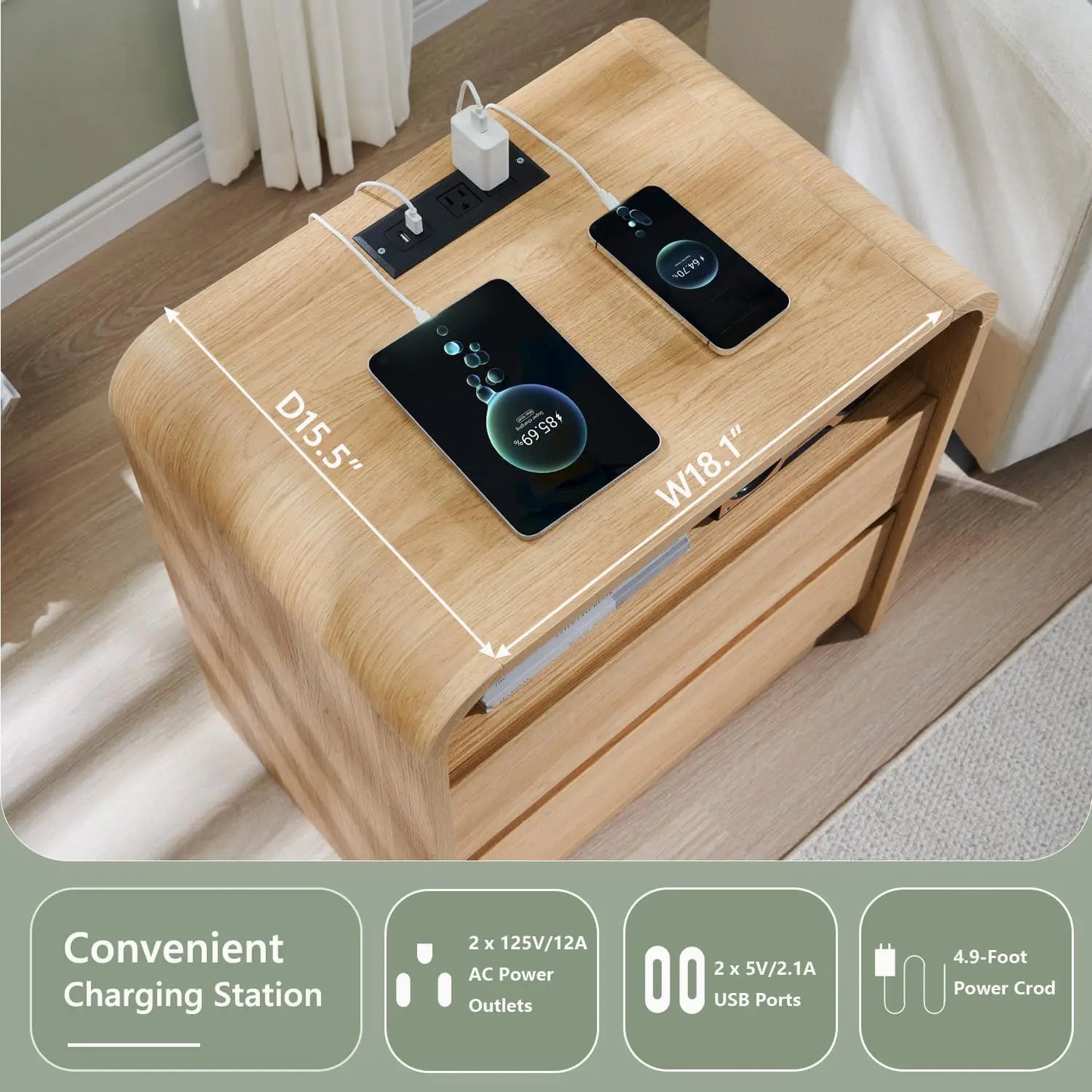 Aitjunz Modern Nightstands Set Of 2 With Charging Station And Storage Drawers