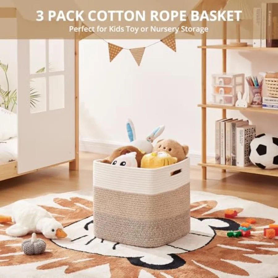 Cotton Rope Cube Storage Bins 3Pack For Shelves And Nursery