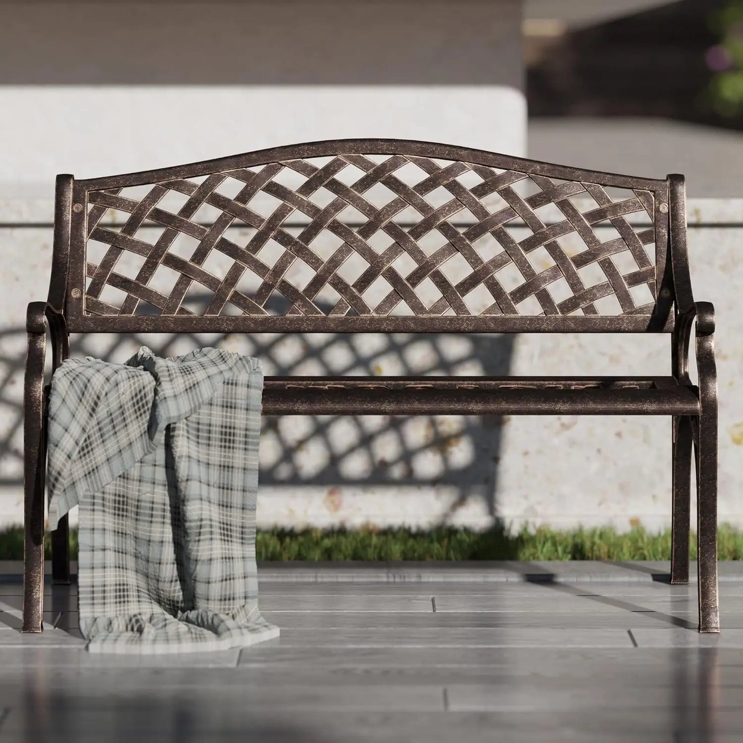 Cast Aluminum Outdoor Garden Bench With Armrests For Patio Yard