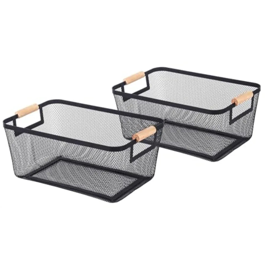 2-Pack Metal Mesh Baskets With Wood Handles Storage Organizer