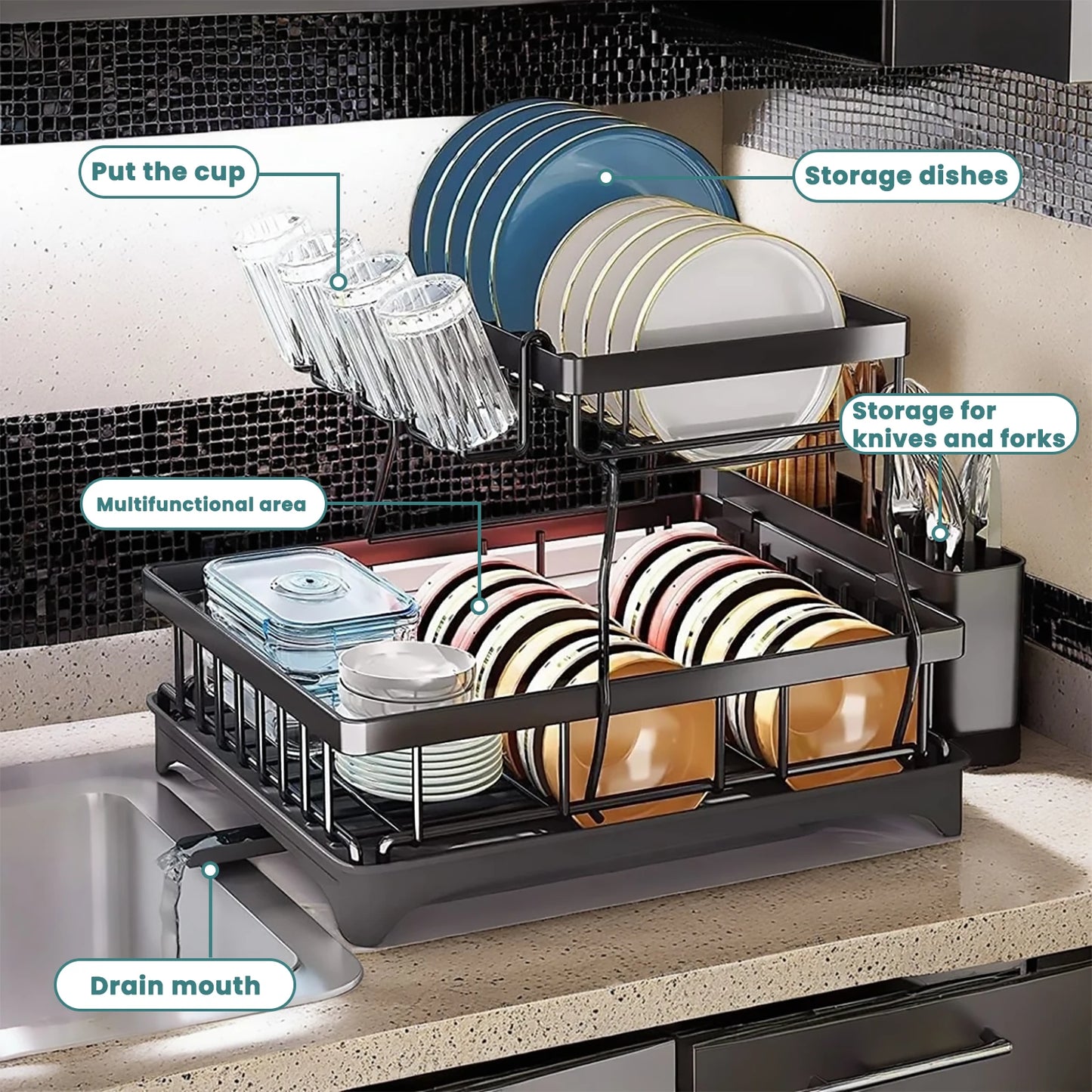Two Tier Removable Dish Drying Rack For Kitchen Countertop