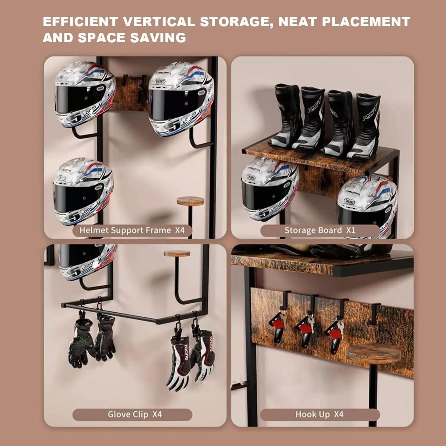 Motorcycle Helmet Wall Mount Rack With Hooks And Gloves Clips