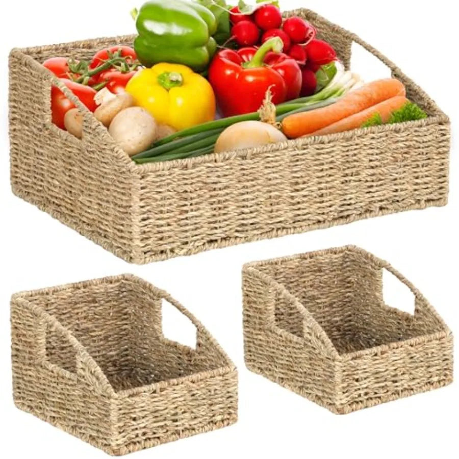 Set Of 3 Handwoven Storage Baskets Natural Wicker Organizer Bins