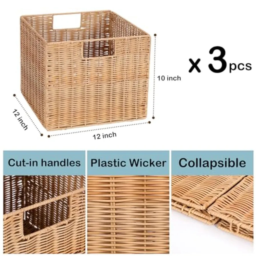 Plastic Wicker Storage Basket Collapsible Cube for Shelves