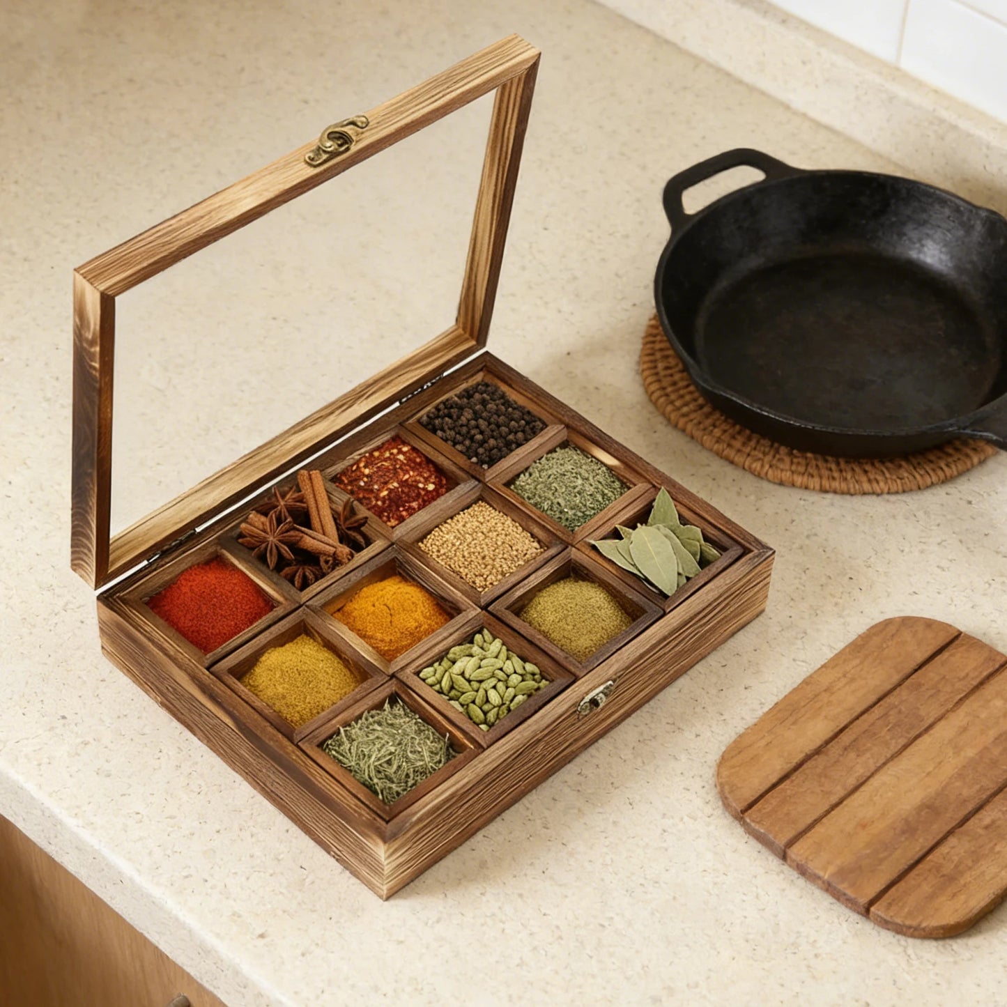 Wooden Spice Box With 12 Compartments For Spices And Herbs