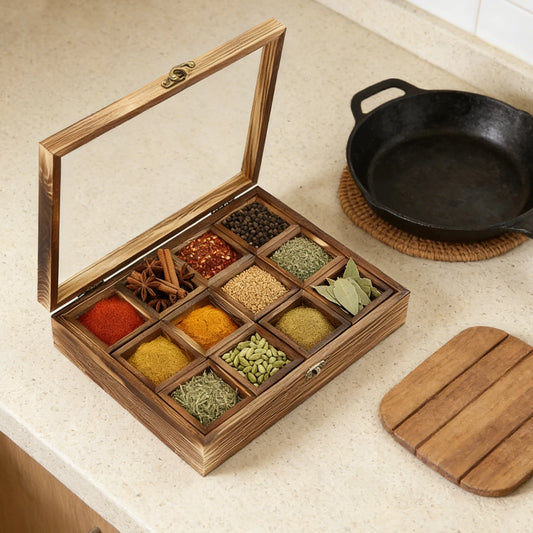 Wooden Spice Box With 12 Compartments For Spices And Herbs